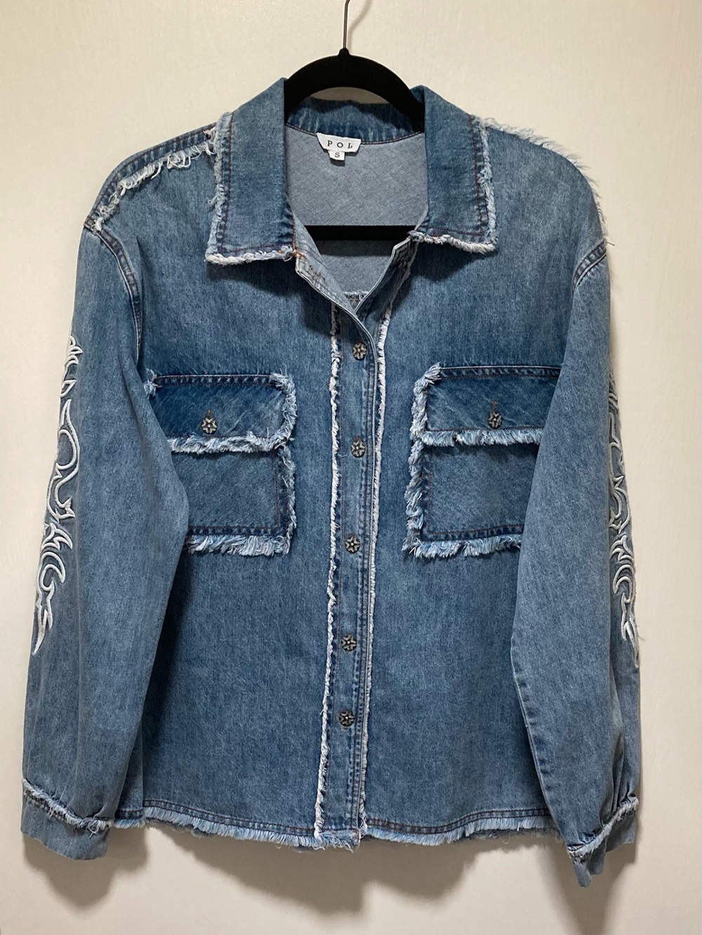 POL Light Blue Embroidered Fringe Denim Shirt/Jacket